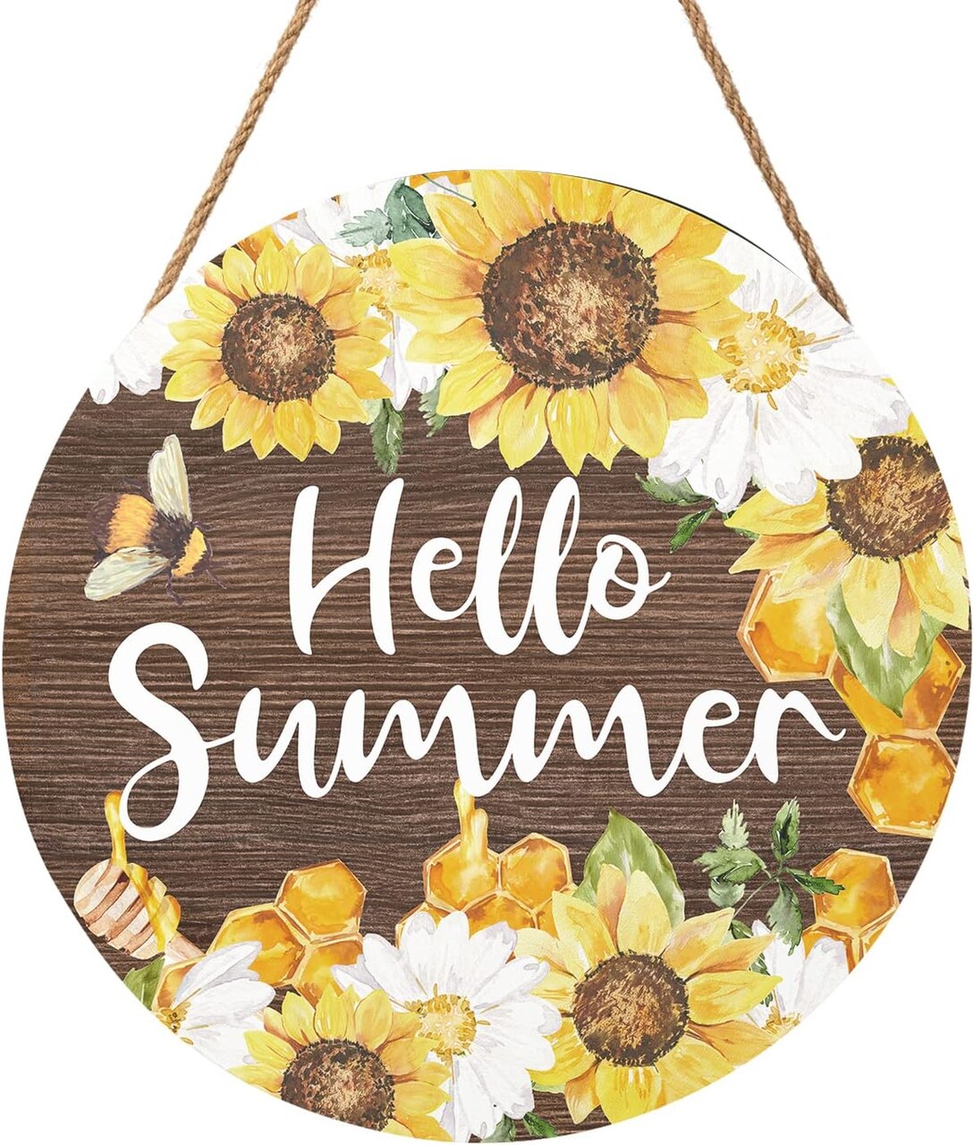 12"x12" Hello Summer Sunflower Wooden Sign for Front Door & Farmhouse Decor